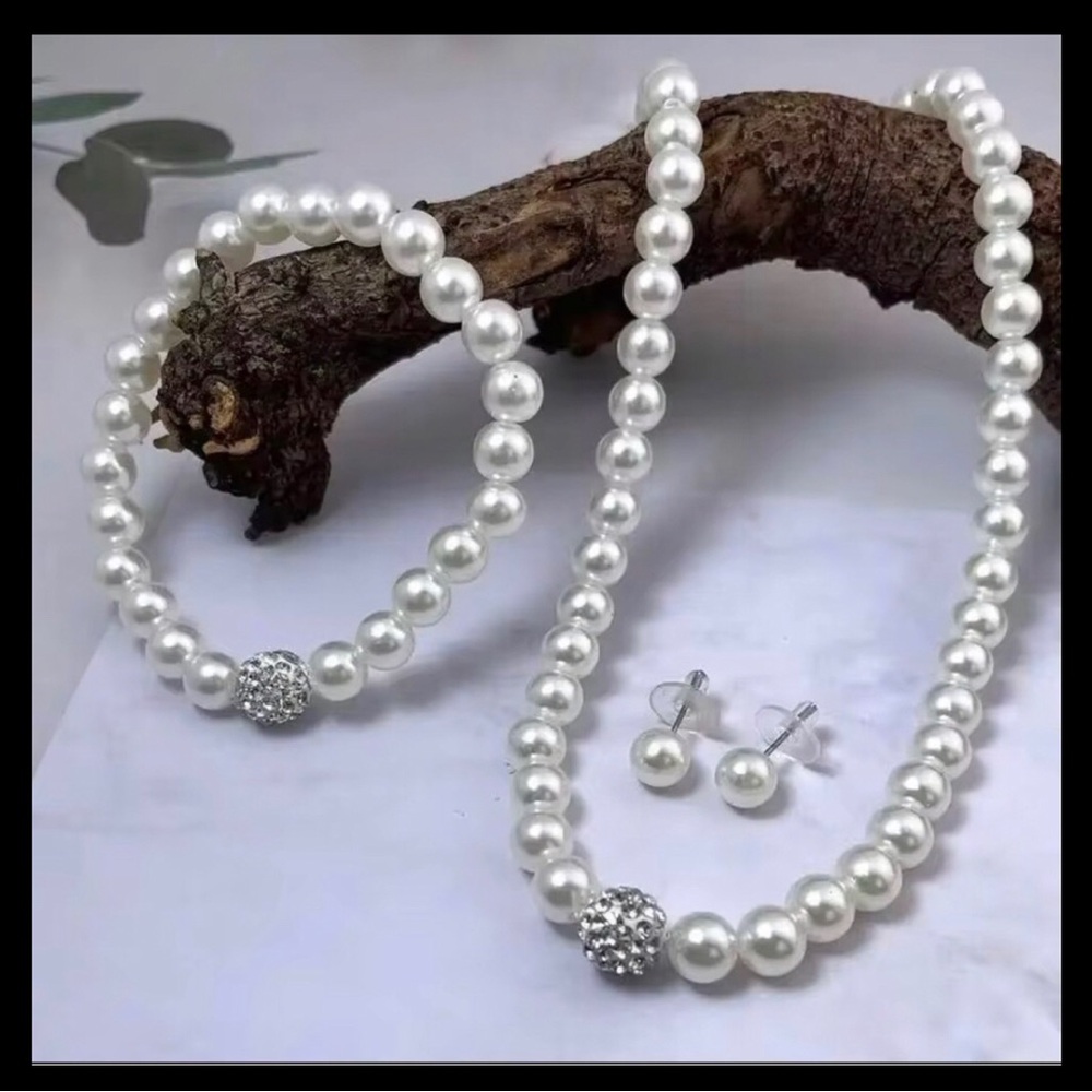 Classic White Pearl Necklace, Bracelet & Stud Earring Set